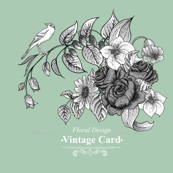 GraphicRiver Vintage Floral Card with Roses and Wild Flowers 10198785 GraphicRiver Vintage Floral Card with Roses and Wild Flowers 10198785