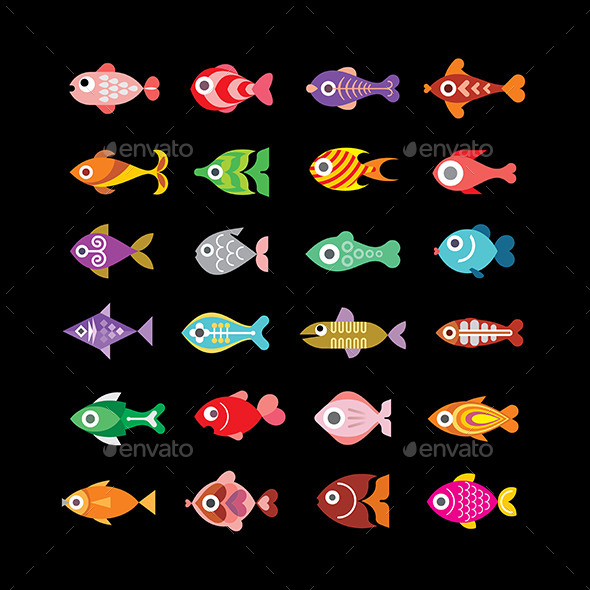 Fish Icons on Black (Animals)