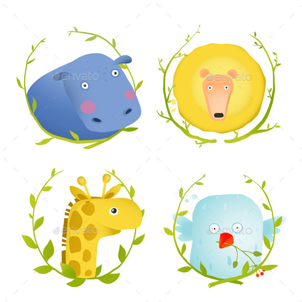 GraphicRiver African Animals Fun Cartoon Portraits with Wreath 10247649 GraphicRiver African Animals Fun Cartoon Portraits with Wreath 10247649