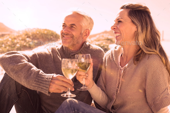 Couple enjoying white wine on picnic at the beach on a bright but cool day (Misc) Photo Download