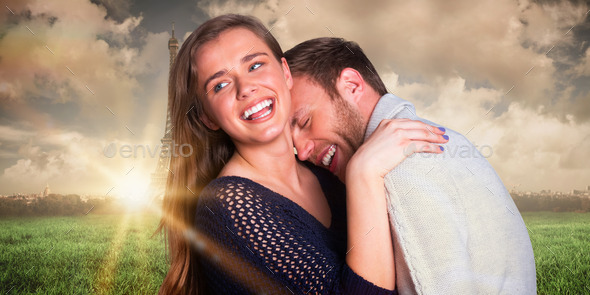 Close up of happy young couple against paris under cloudy sky (Misc) Photo Download