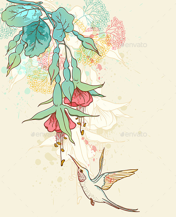 GraphicRiver Hummingbird and Flowering Branch 10266261 GraphicRiver Hummingbird and Flowering Branch 10266261