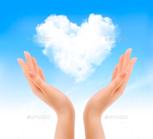 Holiday valentine background with hands holding heart shaped cloud. Valentine27;s holiday background.