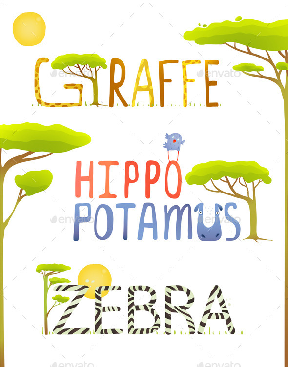 GraphicRiver Animals Hippopotamus Giraffe Zebra Fun Lettering 10275646 GraphicRiver Animals Hippopotamus Giraffe Zebra Fun Lettering 10275646