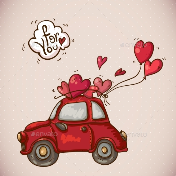 Doodle Card Valentines Day with Red Car
