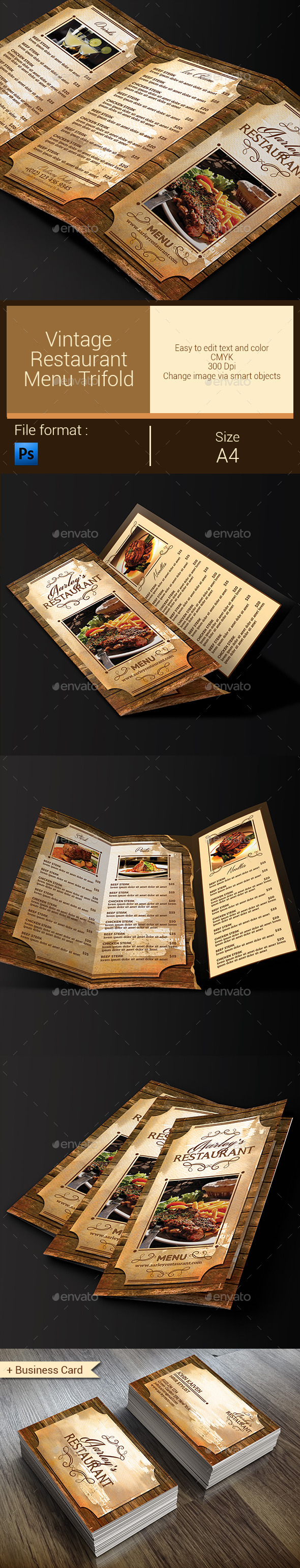 GraphicRiver Vintage Restaurant Menu Trifold & Business Card 10297436 GraphicRiver Vintage Restaurant Menu Trifold & Business Card 10297436