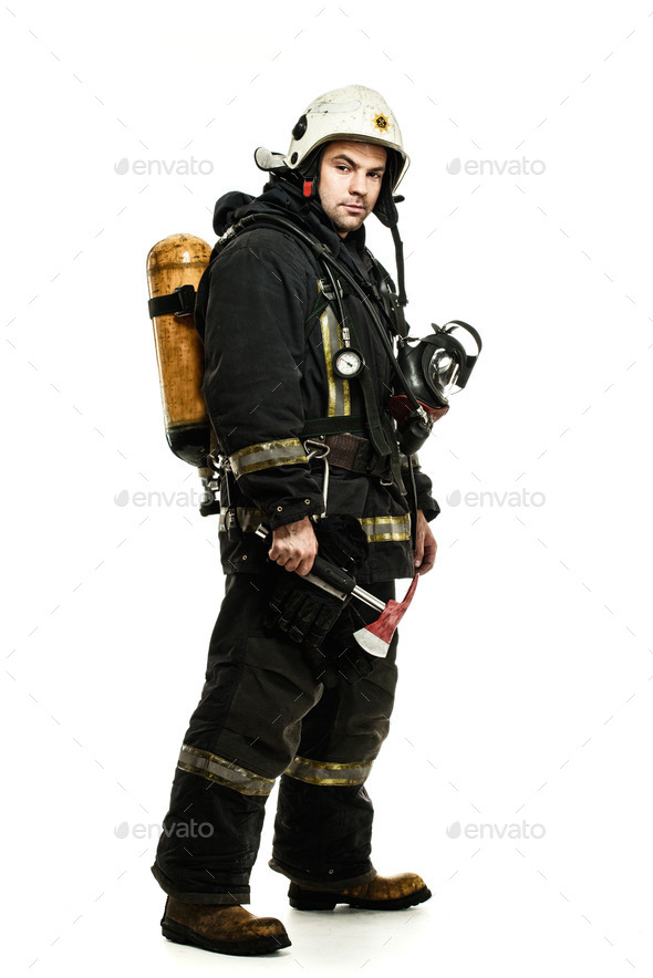 Firefighter with oxygen balloon isolated on white (Misc) Photo Download