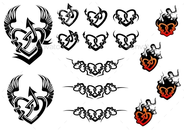 Entwined Hearts Tattoos with Wings and Flames Entwined Hearts Tattoos with Wings and Flames