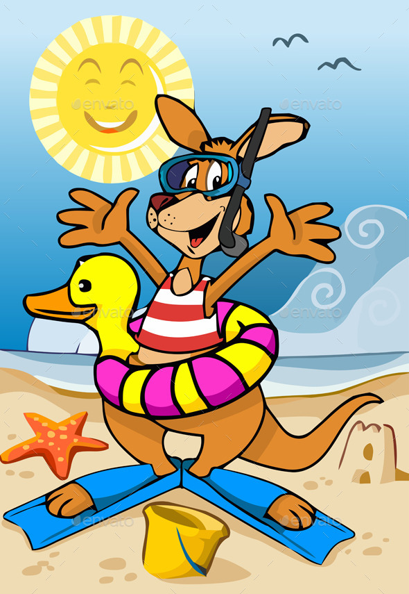 Happy Kangaroo Cartoon on the Beach (Animals)