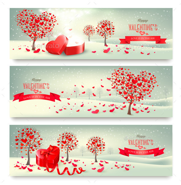 Holiday retro banners. Valentine trees with heart-shaped leaves.