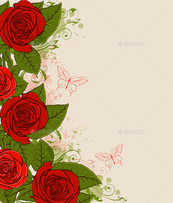 GraphicRiver Red Roses and Butterflies 10338657 GraphicRiver Red Roses and Butterflies 10338657