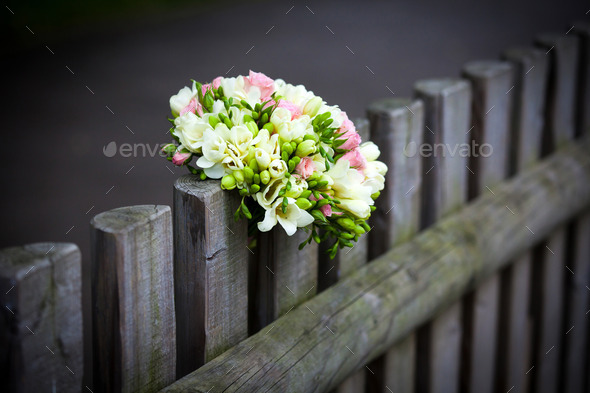 Wedding bouquet on rustic country fence (Misc) Photo Download