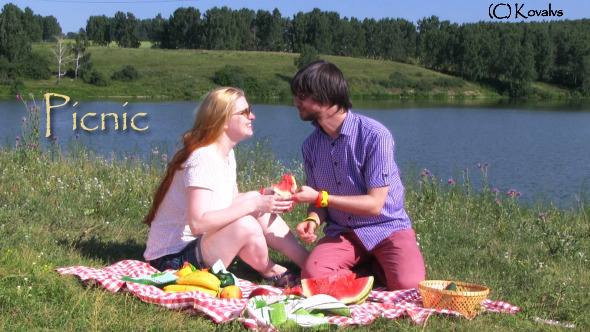 Happy Couple Have Picnic Outdoor Happy Couple Have Picnic Outdoor