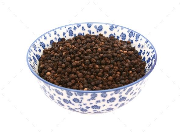 Black peppercorns in a blue and white china bowl (Misc) Photo Download