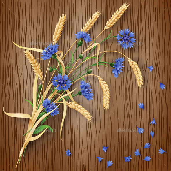 Cornflowers and Wheat Ears on Wood Background (Flowers & Plants)