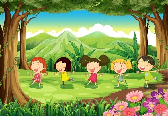 Girls Playing in a Forest (People)