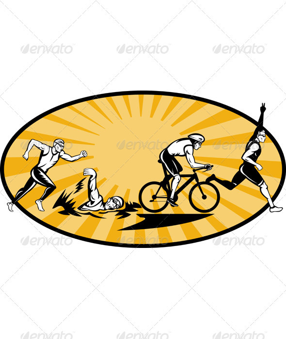 Triathlon Athlete Swim Run Bike Woodcut