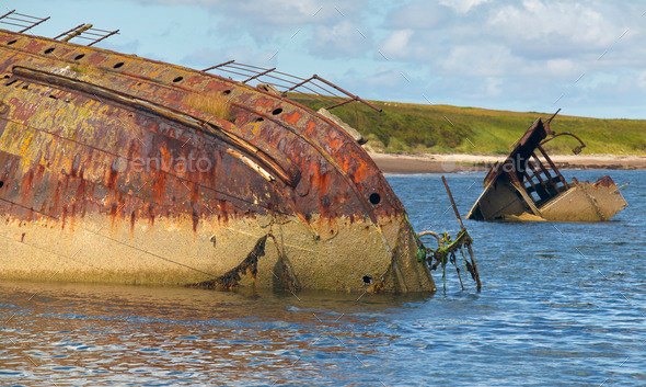 Shipwreck in Churchill barriers. Skapa Flow. Orkney. Scotland. UK