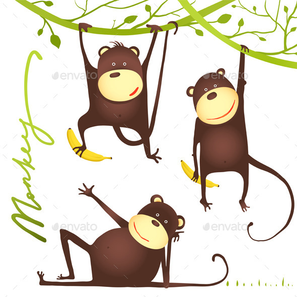 Monkey Fun Cartoon Hanging on Vine with Banana (Animals)