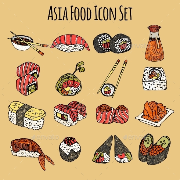 Asia Food Icon Set Colored Asia Food Icon Set Colored