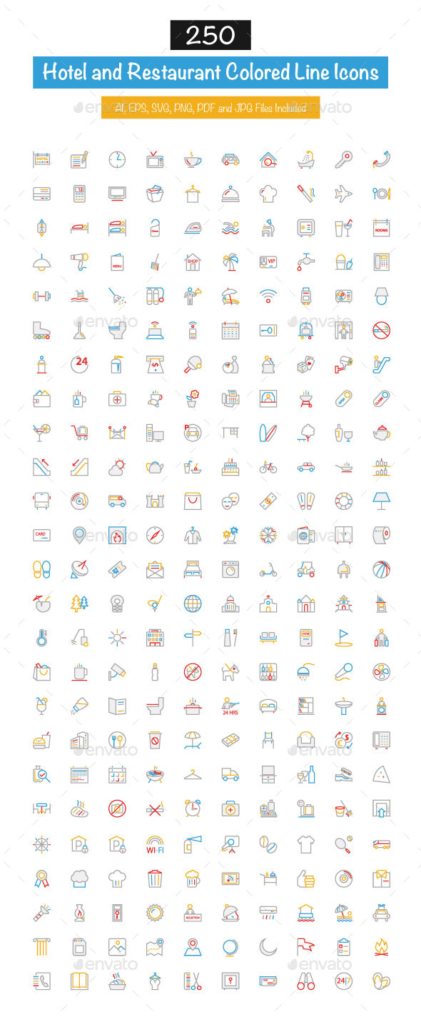 GraphicRiver 250 Hotel and Restaurant Colored Line Icons 10427721 GraphicRiver 250 Hotel and Restaurant Colored Line Icons 10427721