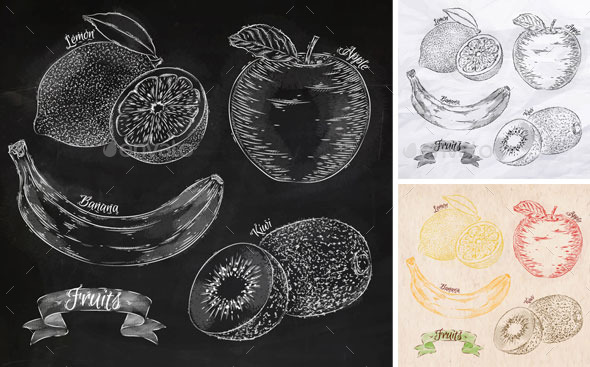 Fruits lemon, apple, banana, kiwi graphics.