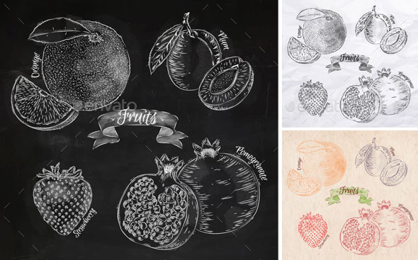 Fruits orange, pomegranate, strawberry graphics.