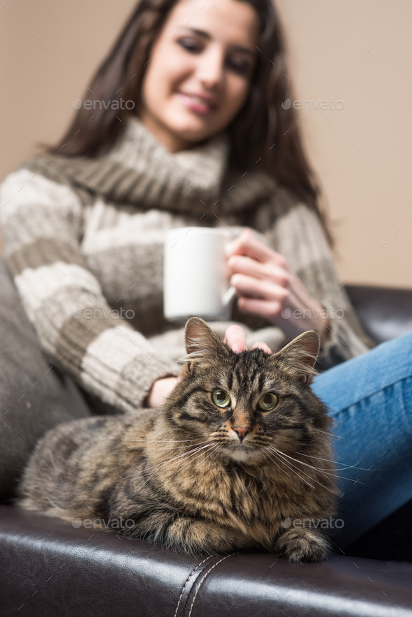 Young woman with her cat (Misc) Photo Download