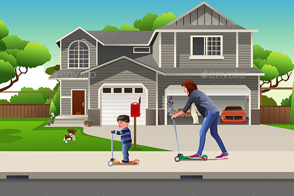 GraphicRiver Mother and Son Riding a Scooter Together 10448727 GraphicRiver Mother and Son Riding a Scooter Together 10448727