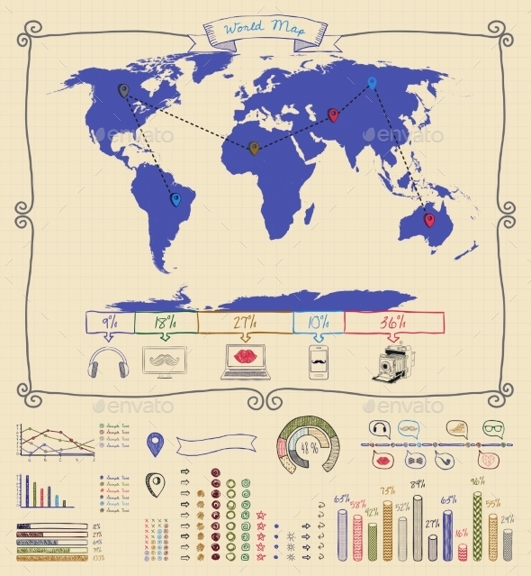 Pen Drawing Warld Map. Infographics (Infographics)