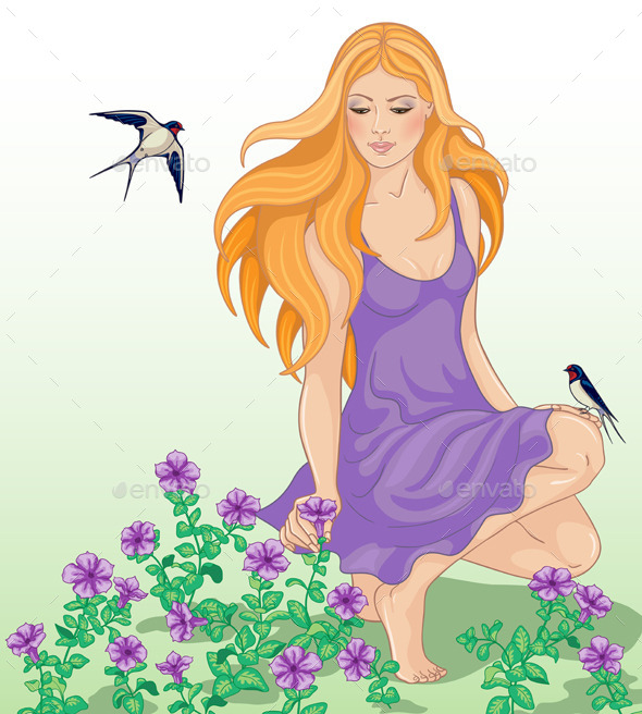 Girl, Flowers and Swallows (People)