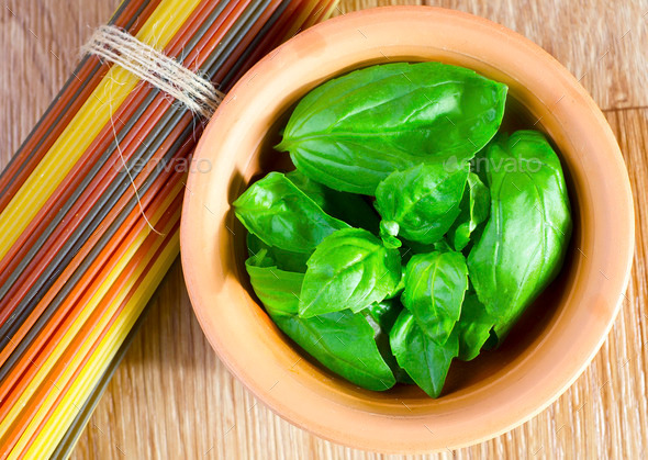 fresh basil and raw pasta (Misc) Photo Download