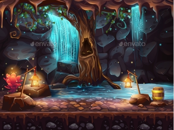 GraphicRiver Cave With Waterfall and Magic Tree 10474632 GraphicRiver Cave With Waterfall and Magic Tree 10474632
