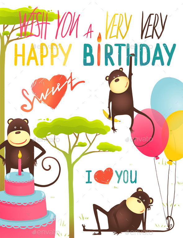 GraphicRiver Monkey Fun Happy Birthday Card with Lettering 10476902 GraphicRiver Monkey Fun Happy Birthday Card with Lettering 10476902