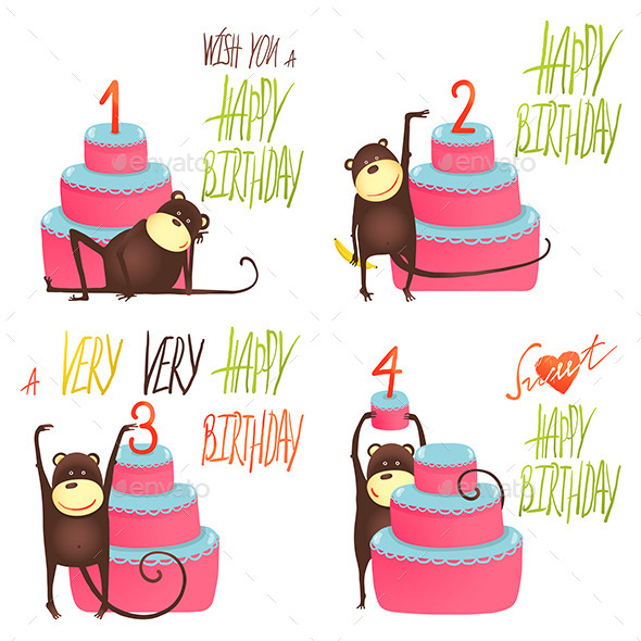 GraphicRiver Monkey Greeting Cards with Birthday Lettering 10477131 GraphicRiver Monkey Greeting Cards with Birthday Lettering 10477131