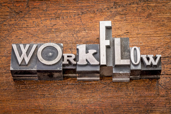 workflow word in metal type