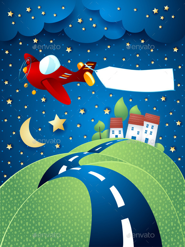 GraphicRiver Night Landscape with Airplane Banner and Road 10488784 GraphicRiver Night Landscape with Airplane Banner and Road 10488784