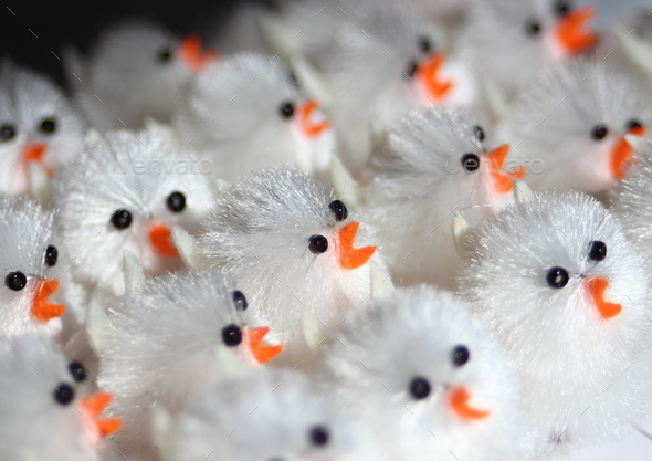 Army of fluffy white chickens looking right