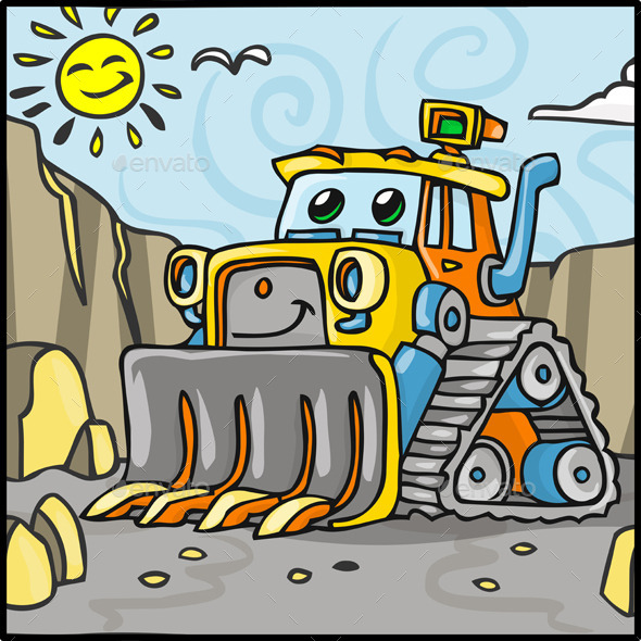 GraphicRiver Cartoon Bulldozer Character with Quarry 10510901 GraphicRiver Cartoon Bulldozer Character with Quarry 10510901