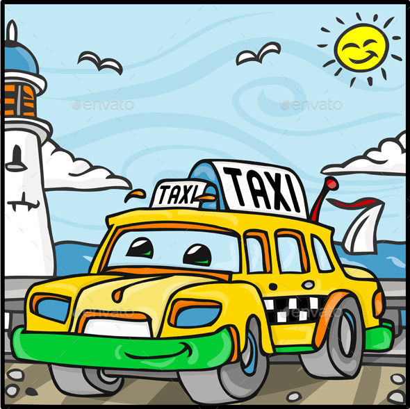 GraphicRiver Cartoon Taxi Character Near the Sea 10510918 GraphicRiver Cartoon Taxi Character Near the Sea 10510918