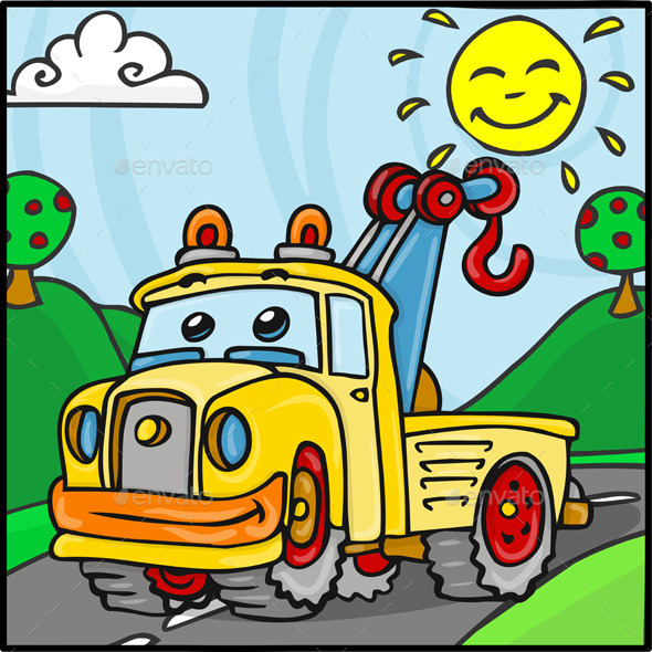 GraphicRiver Cartoon Tow Truck Character with Hills Background 10510920 GraphicRiver Cartoon Tow Truck Character with Hills Background 10510920