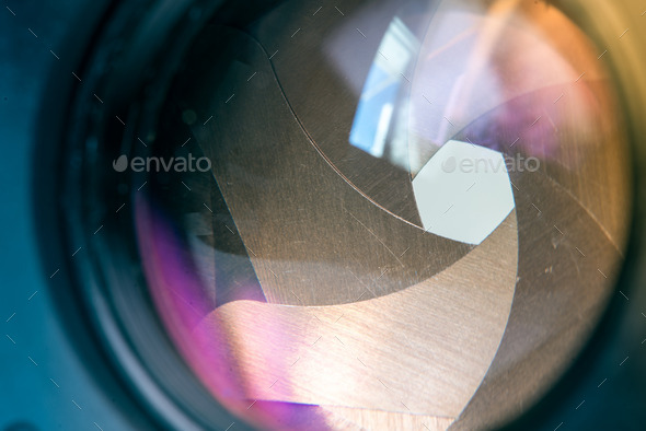 Camera diaphragm aperture with window reflection flare and reflection on lens (Misc) Photo Download