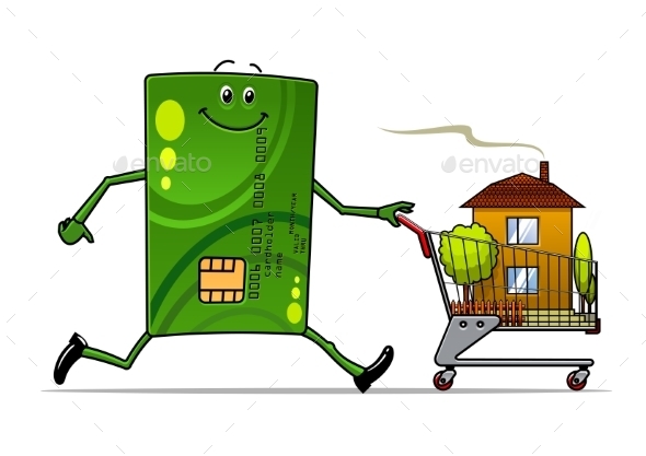 GraphicRiver Cartoon Credit Card Pushing a Cart with House 10536787 GraphicRiver Cartoon Credit Card Pushing a Cart with House 10536787