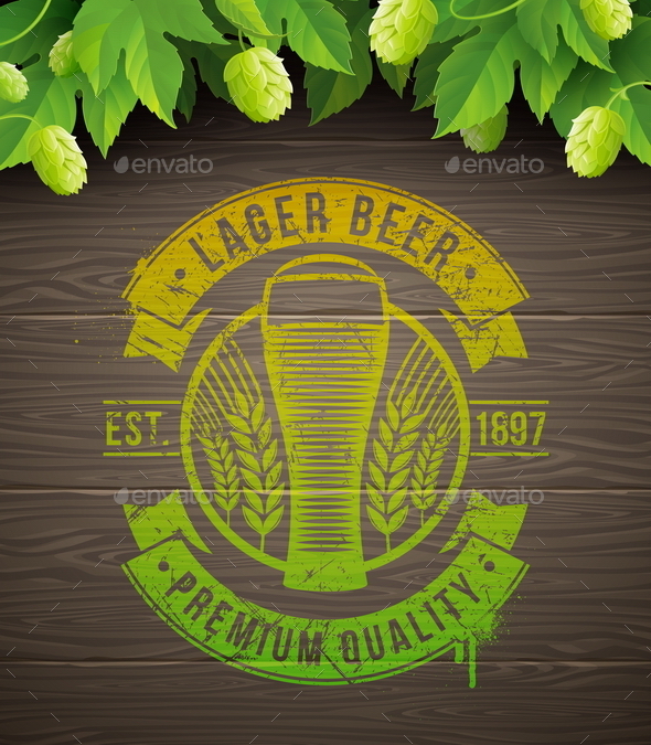 GraphicRiver Beer Emblem on Wooden Surface and Ripe Hop 10550147 GraphicRiver Beer Emblem on Wooden Surface and Ripe Hop 10550147