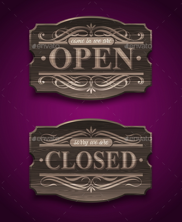 Open and Closed Wooden Ornate Vintage Signs (Decorative Symbols)