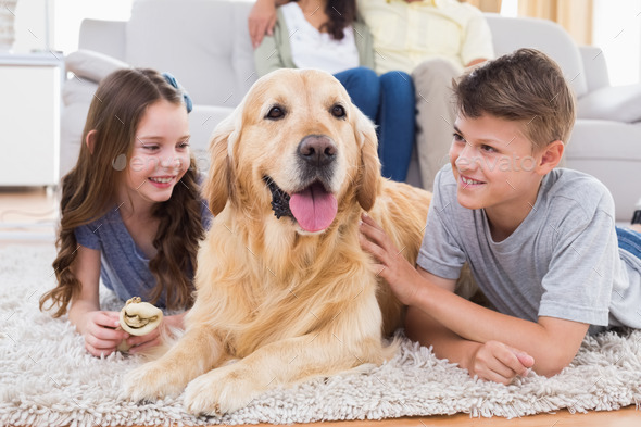 Siblings lying with dog while mother and father sitting on sofa at home (Misc) Photo Download