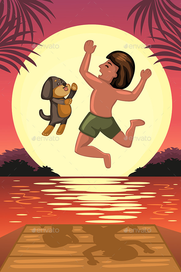 GraphicRiver Boy and his Dog Jumping off the Dock 10565532 GraphicRiver Boy and his Dog Jumping off the Dock 10565532