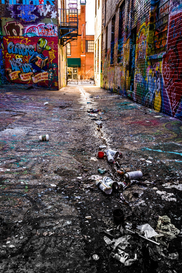 Trash in Graffiti Alley, Baltimore, Maryland.