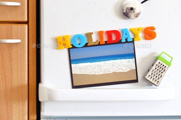 Refrigerators door with colorful text Holidays and Beach Photo