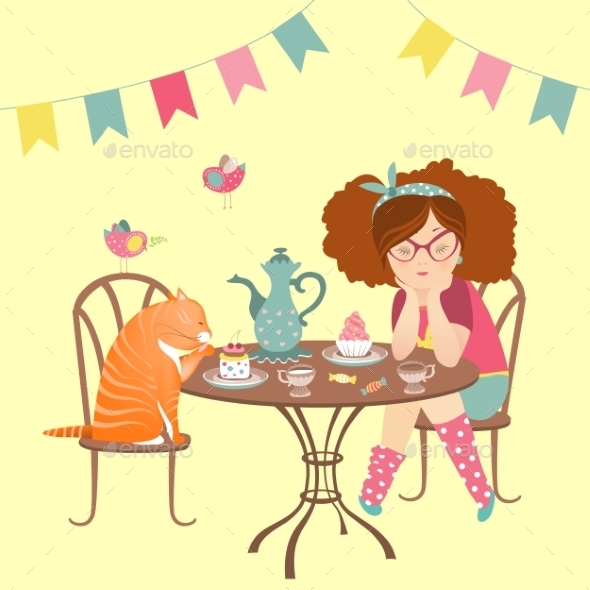 GraphicRiver Girl Drinking Coffee with Cat 10587954 GraphicRiver Girl Drinking Coffee with Cat 10587954